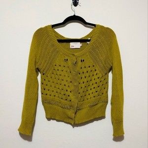 Anthropologie Cropped Cardigan Green Yellow Hidden Snap Buttons Size S C02-0040